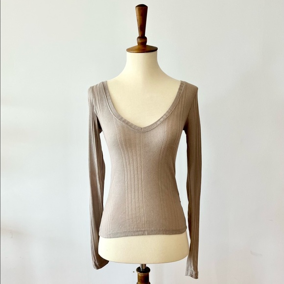 Urban Outfitters Tops - Urban Outfitters Project Social T Ribbed V-Neck Long Sleeve Top - Beige / Tan XS